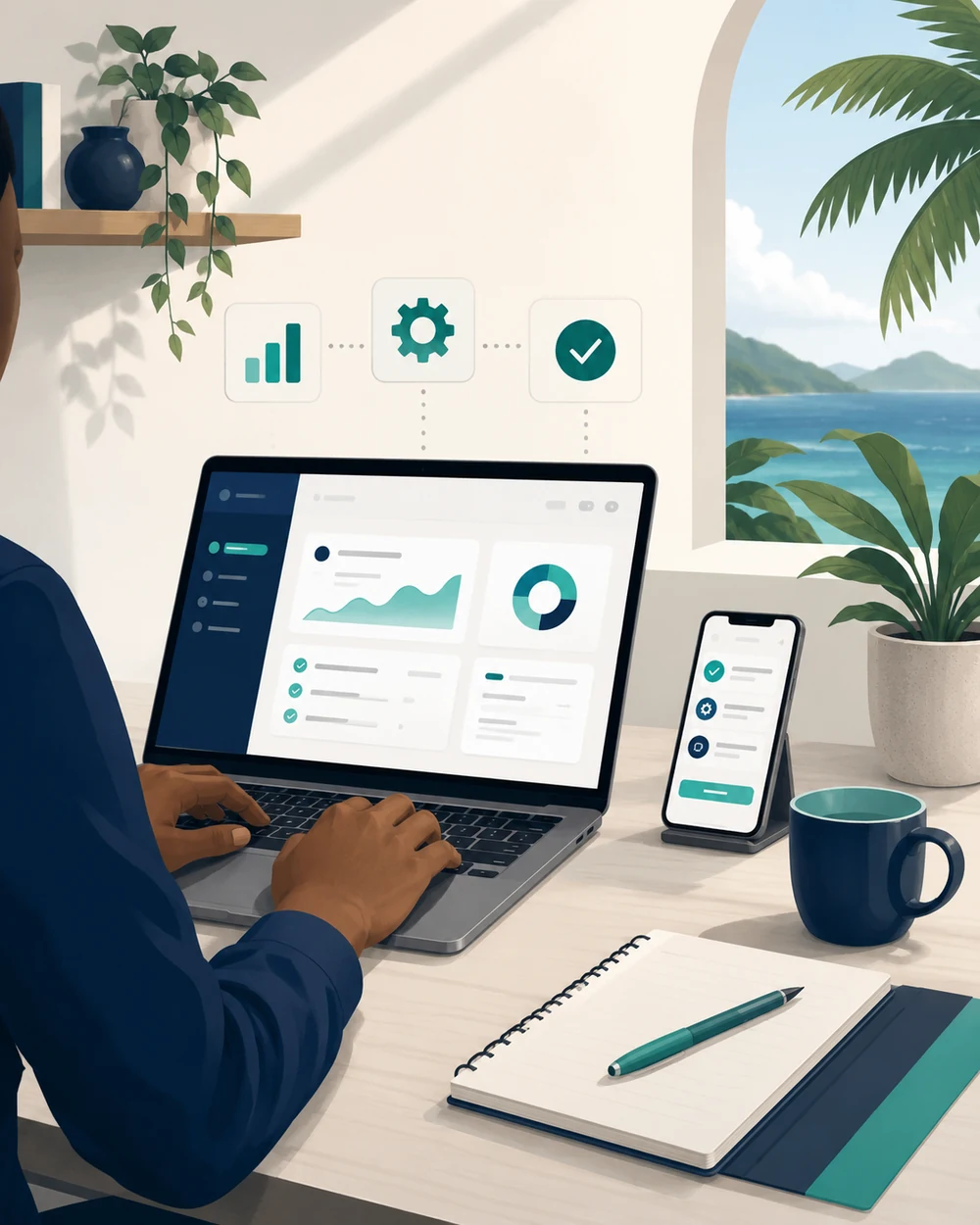 Espace de travail numérique KayaTech avec ordinateur, smartphone et outils de gestion